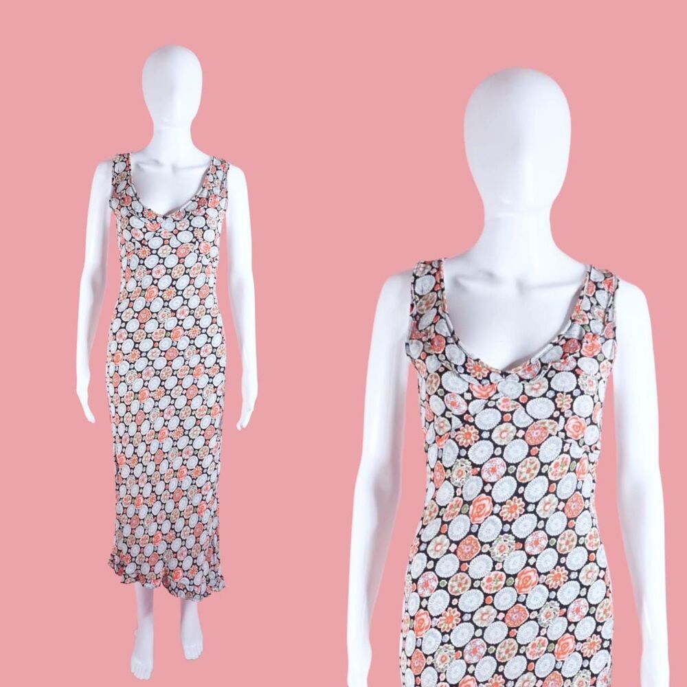 1990s-Y2K ANGIE FLORAL ABSTRACT Print Asymmetrical Slip Dress W/Ruffles. S-M
